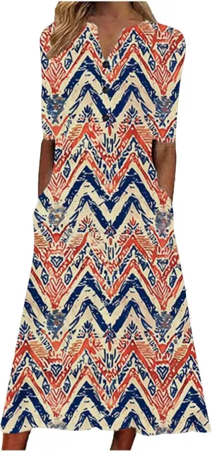 Casual Boho Dresses for Women 2025 Summer Retro Print Midi Tshirt Dress Loose Flowy Beach Long Dresses with Pockets