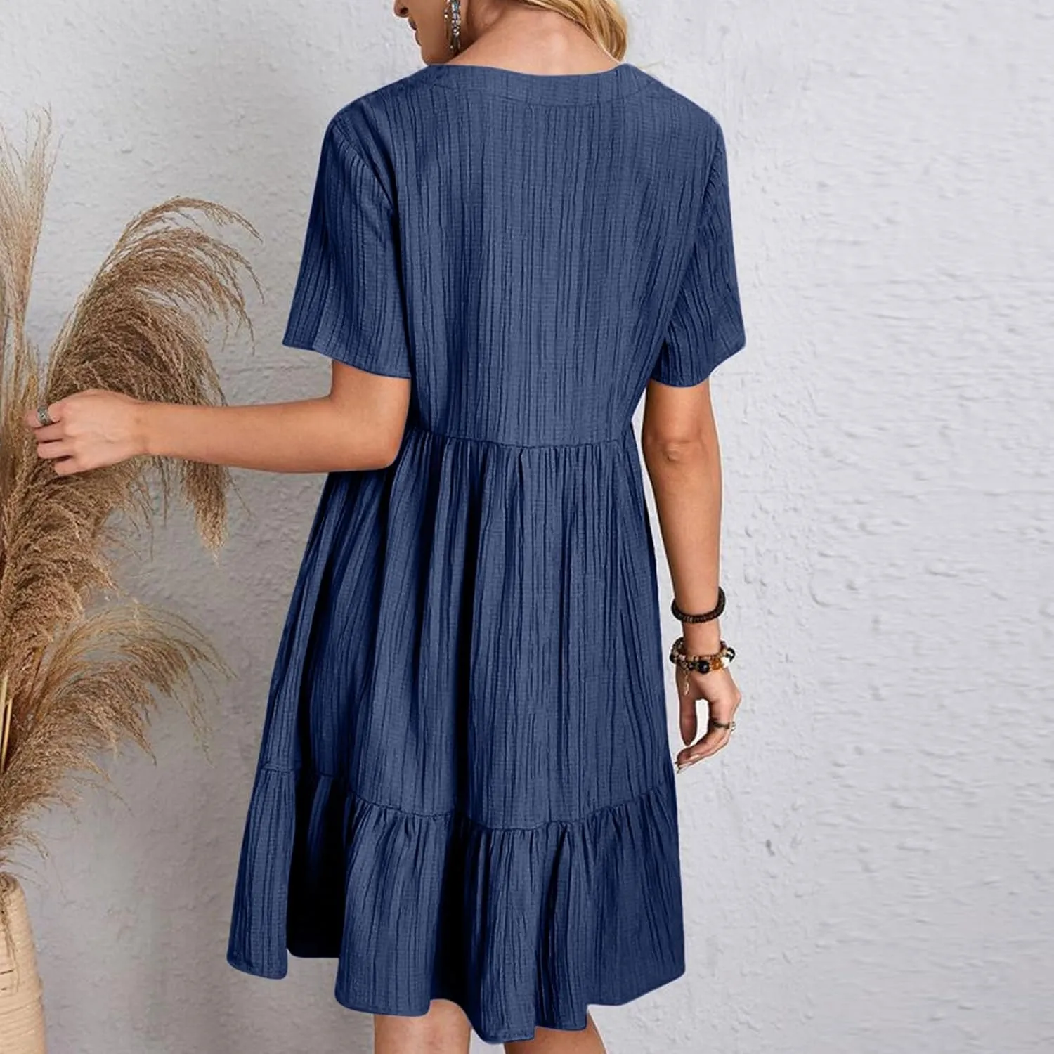 Cbcbtwo Summer Dresses for Women 2025 Casual Loose Fit V Neck Dress Short Sleeve Solid Flowy Sundress Vacation Midi Dress