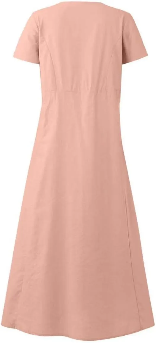 Ceboyel Women 2023 Summer Linen Dress Flowy Short Sleeve Sundress Causal Summer Sun Dress Trendy Beach Maxi Long Dresses