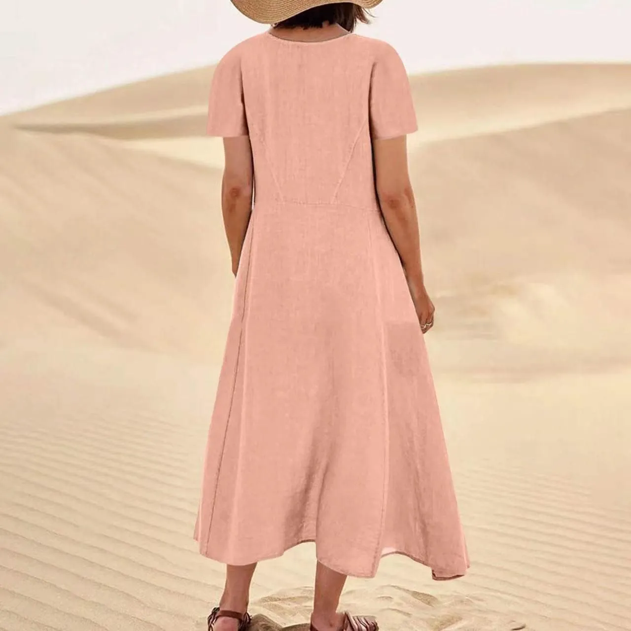 Ceboyel Women 2023 Summer Linen Dress Flowy Short Sleeve Sundress Causal Summer Sun Dress Trendy Beach Maxi Long Dresses