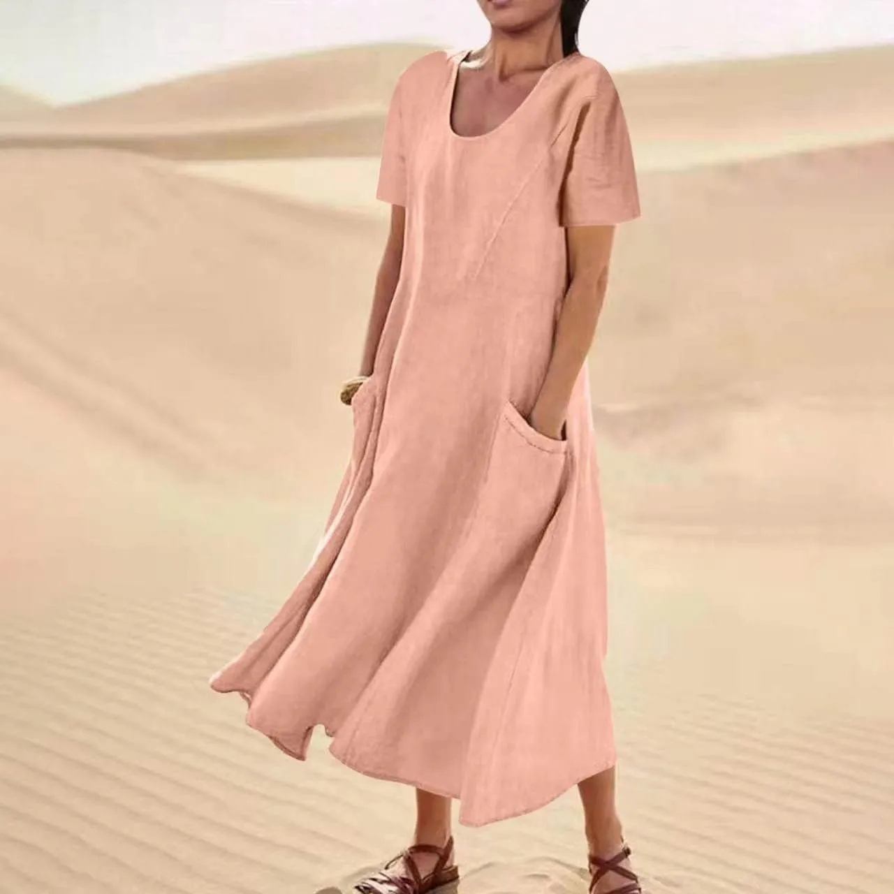 Ceboyel Women 2023 Summer Linen Dress Flowy Short Sleeve Sundress Causal Summer Sun Dress Trendy Beach Maxi Long Dresses