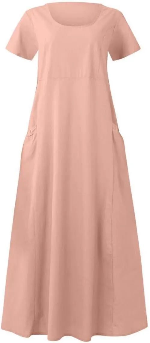 Ceboyel Women 2023 Summer Linen Dress Flowy Short Sleeve Sundress Causal Summer Sun Dress Trendy Beach Maxi Long Dresses