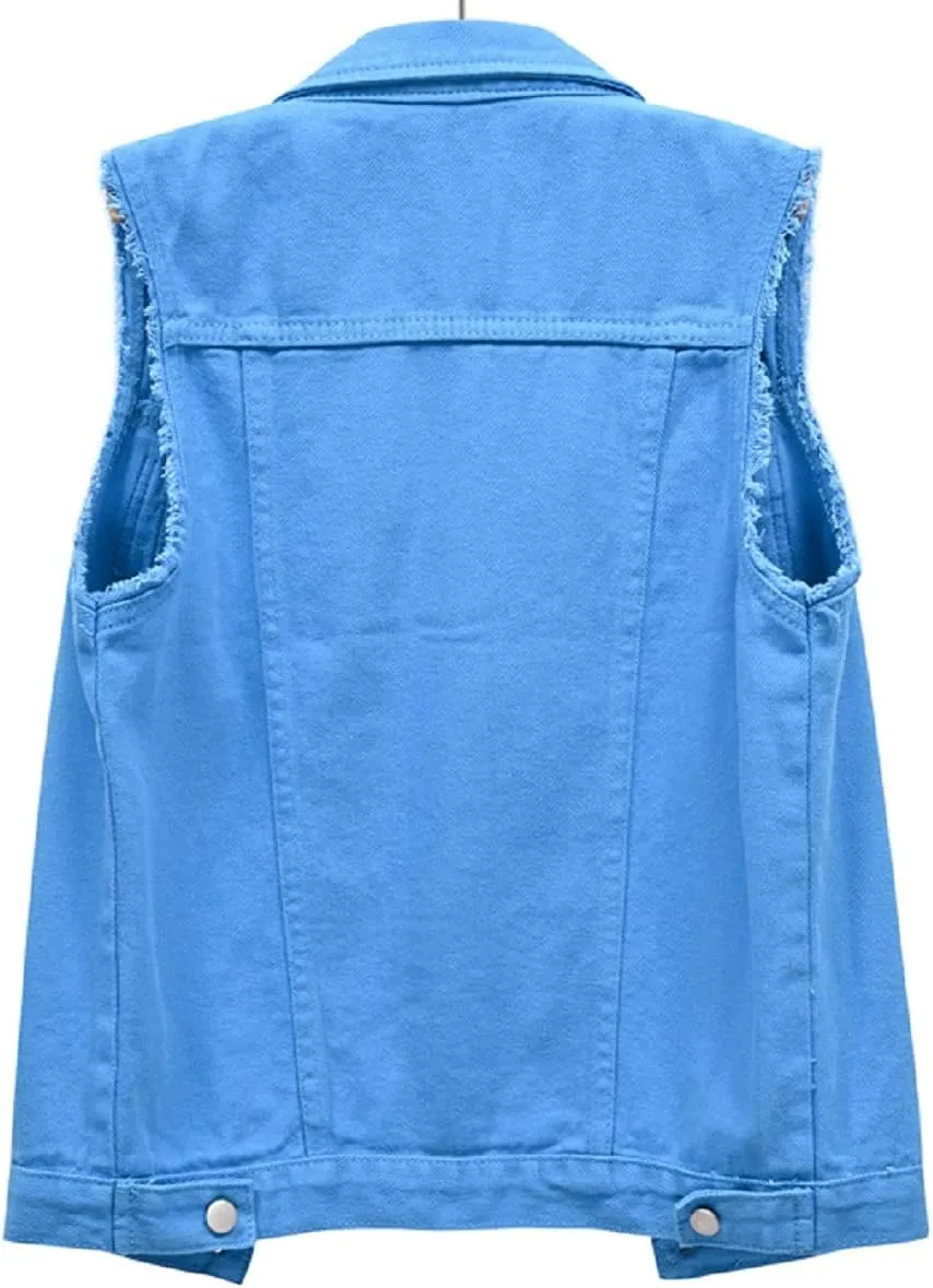 CHARTOU Women's Ripped Lapel Collar Button Up Sleeveless Frayed Denim Vest Jacket