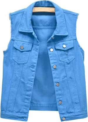 CHARTOU Women's Ripped Lapel Collar Button Up Sleeveless Frayed Denim Vest Jacket