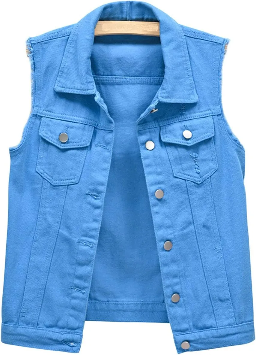 CHARTOU Women's Ripped Lapel Collar Button Up Sleeveless Frayed Denim Vest Jacket