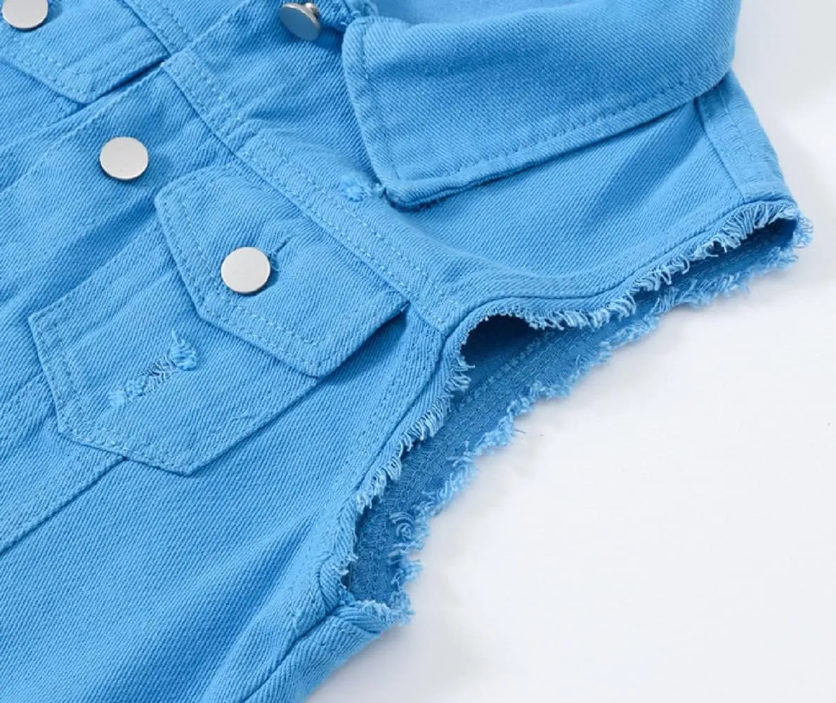 CHARTOU Women's Ripped Lapel Collar Button Up Sleeveless Frayed Denim Vest Jacket