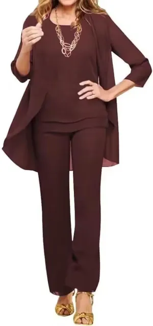 Chiffon Mother of The Bride Pant Suits Petite 3 Pieces Formal Outfit Sets for Women Evening Party