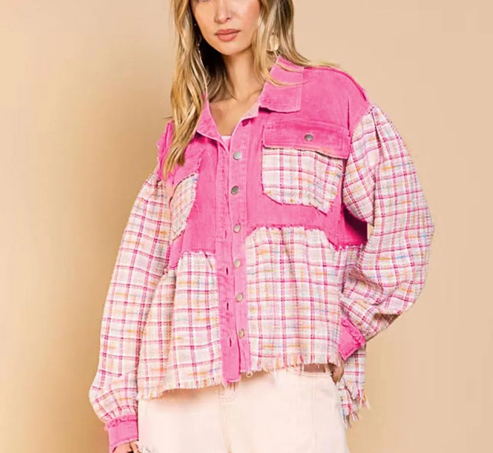 chouyatou Women's Fall Lightweight Distressed Corduroy Jacket Loose Splicing Plaid Tweed Denim Shacket