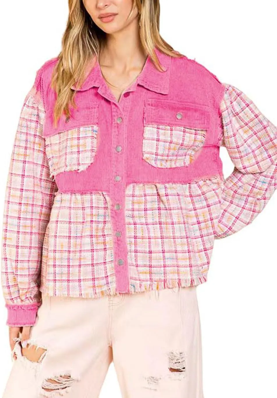 chouyatou Women's Fall Lightweight Distressed Corduroy Jacket Loose Splicing Plaid Tweed Denim Shacket