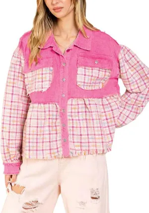 chouyatou Women's Fall Lightweight Distressed Corduroy Jacket Loose Splicing Plaid Tweed Denim Shacket