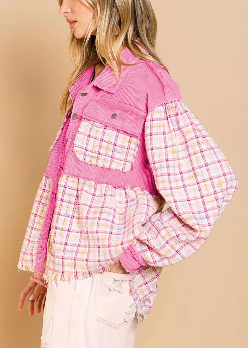 chouyatou Women's Fall Lightweight Distressed Corduroy Jacket Loose Splicing Plaid Tweed Denim Shacket