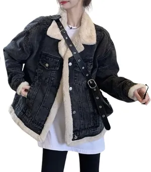 chouyatou Women's Reversible Warm Sherpa Notched Collar Jean Jacket Faux Fur Denim Coat Trucker Jacket