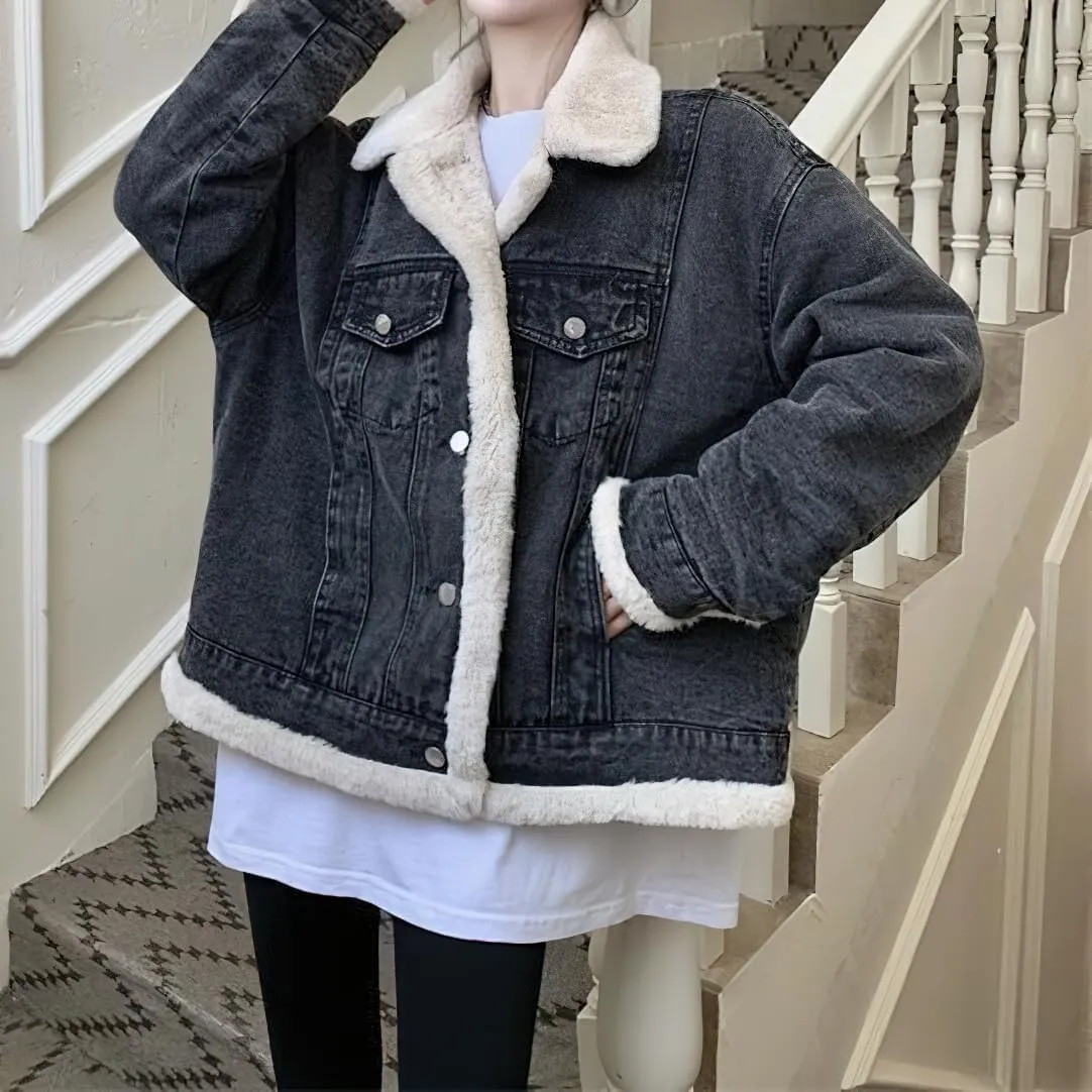chouyatou Women's Reversible Warm Sherpa Notched Collar Jean Jacket Faux Fur Denim Coat Trucker Jacket