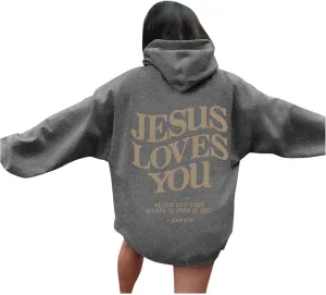 Christian Hoodies Women Men Jesus Loves You Letter Graphic Sweatshirt Casual Long Sleeve Oversized Y2k Pullover Tops