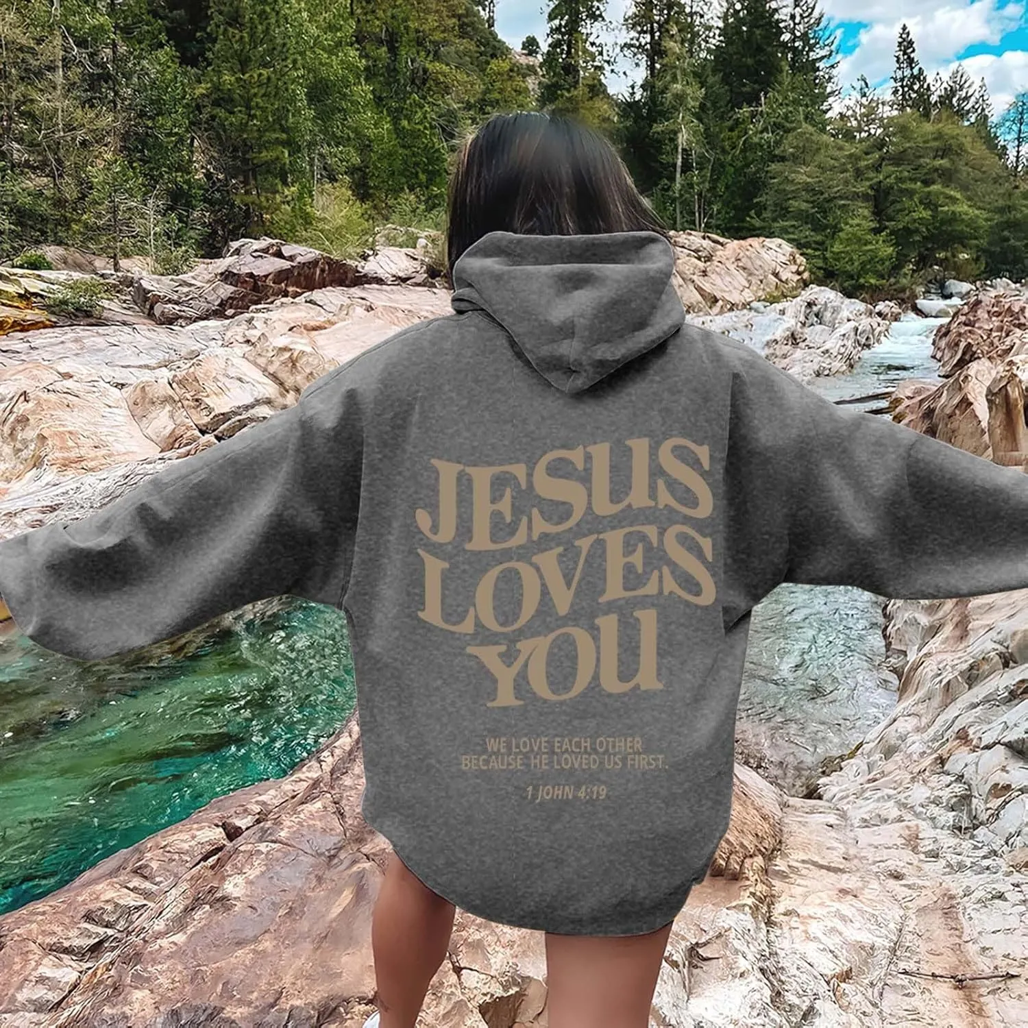 Christian Hoodies Women Men Jesus Loves You Letter Graphic Sweatshirt Casual Long Sleeve Oversized Y2k Pullover Tops