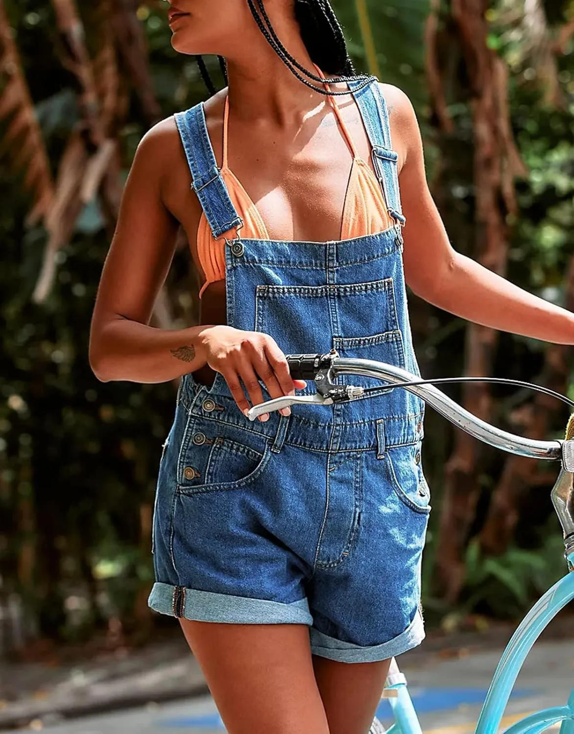 Cicy Bell Womens Denim Bib Overall Shorts Casual Classic Adjustable Straps Cuffed Hem Jean Shortalls Summer Outfits
