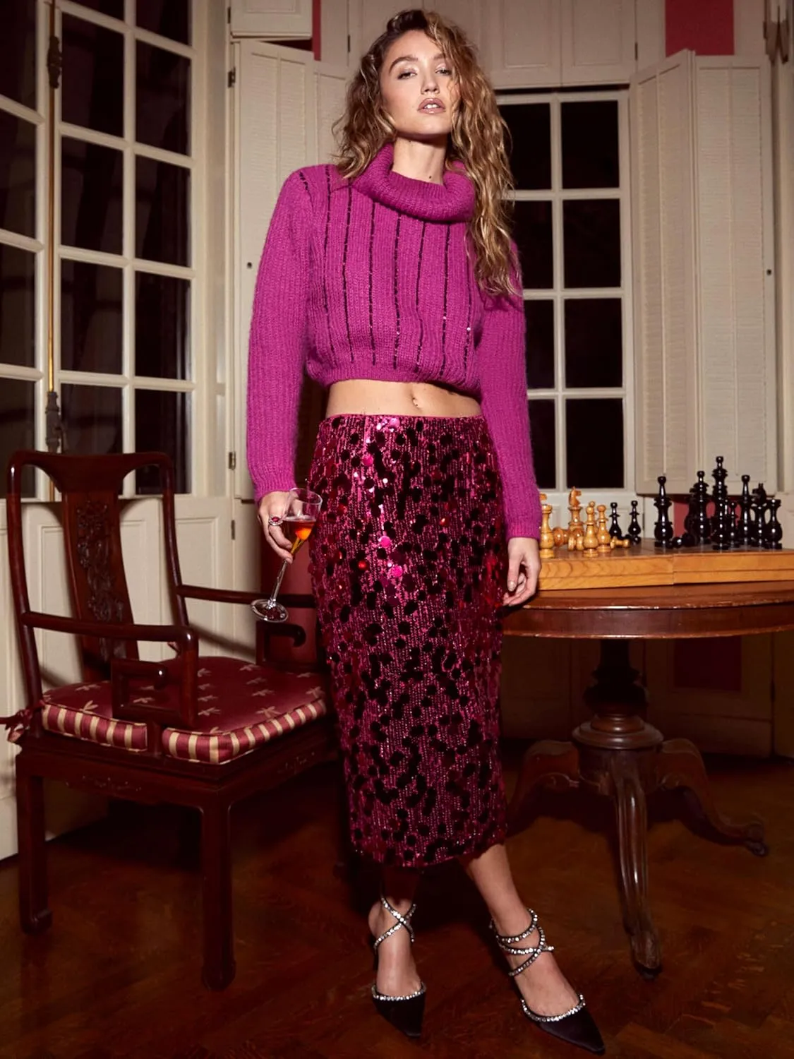 CIDER Sequin Mid Waist Split Midi Skirt