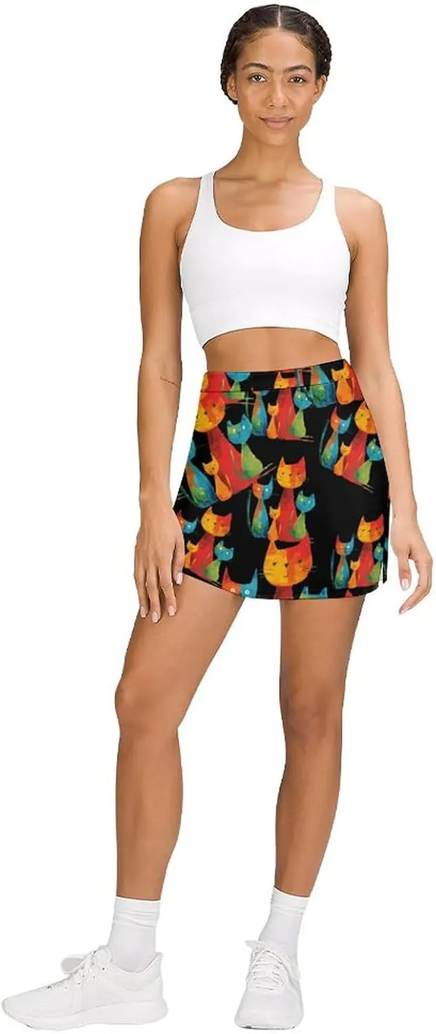Colorful Cat Women's Skort Athletic Skirt Golf Skorts A-line Skirts with Built-in Shorts Pockets