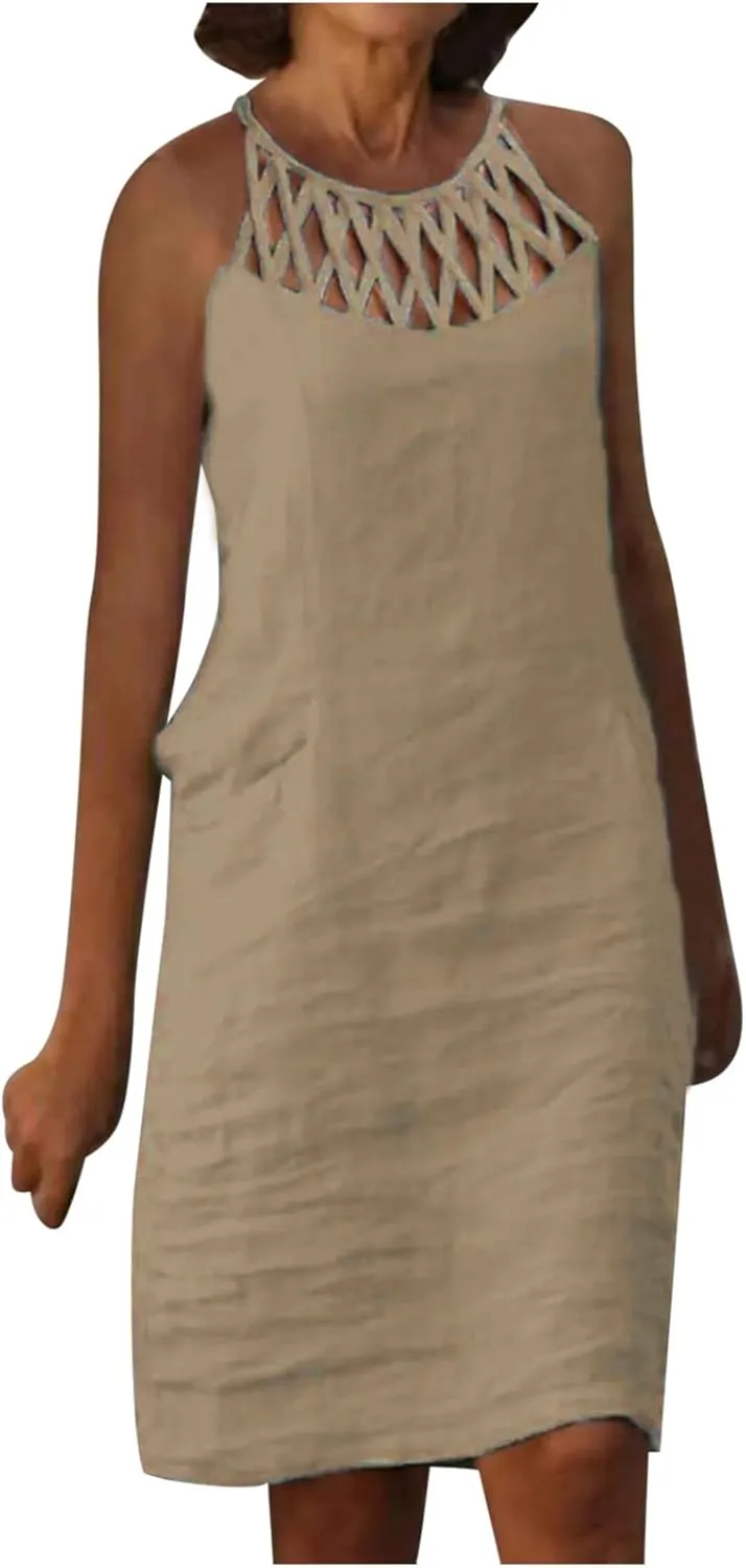 Cotton Linen Dresses for Womens 2024 Trendy Summer Casual Loose Short Sleeve Midi Dress Elegant Lace Beach Sundress
