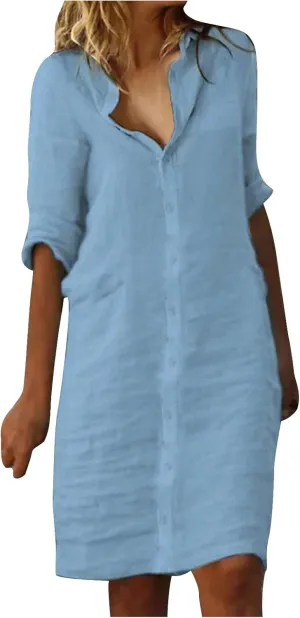 Cotton Linen Shirt Dress for Women Button Down 1/2 Sleeve Lapel Midi Dresses Summer Beach Travel Vacation Outfit 2025