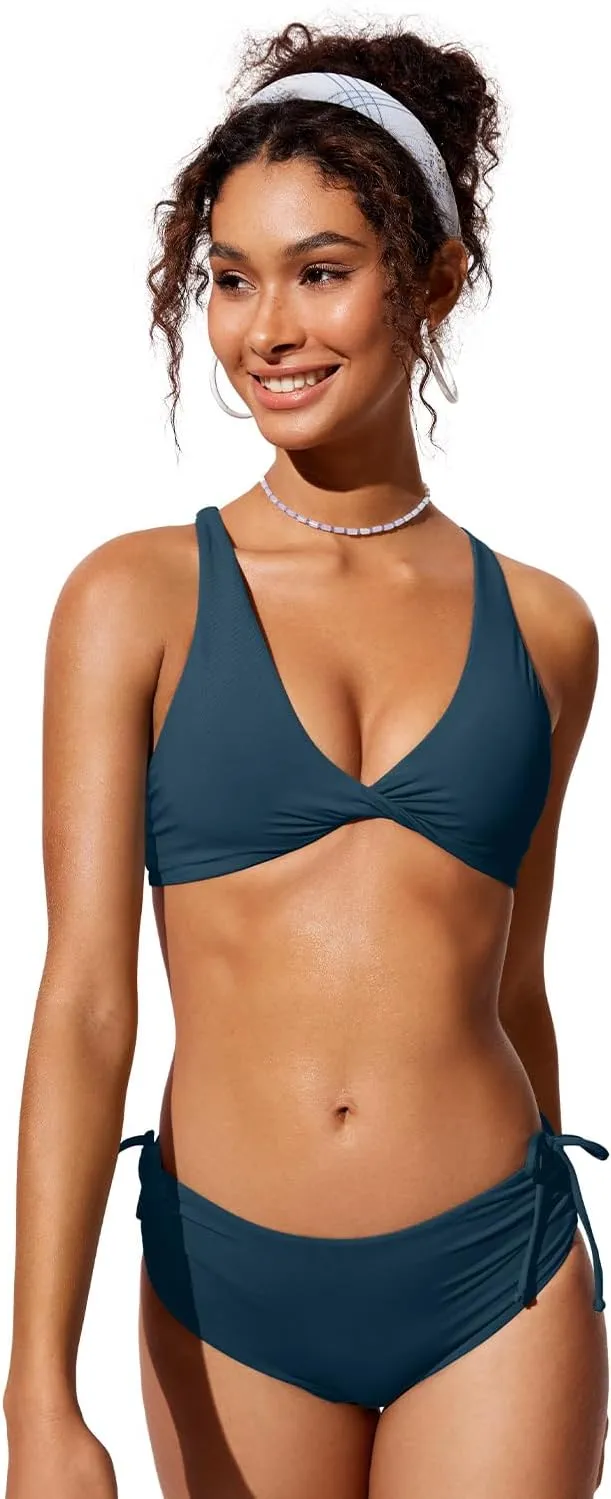 CRZ YOGA Womens V Neck Bikini Tops Twist Front Triangle Sexy Bathing Suit Criss Cross Back Swimsuit Padded