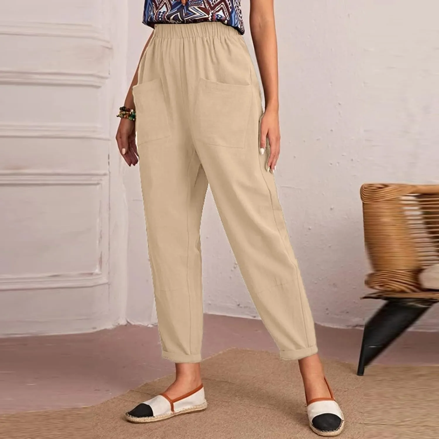 DASAYO Linen Pants for Women Trendy Elastic Wasit Casual Tapered Pants Lightweight Comfy Trousers with Pockets Summer Clothes