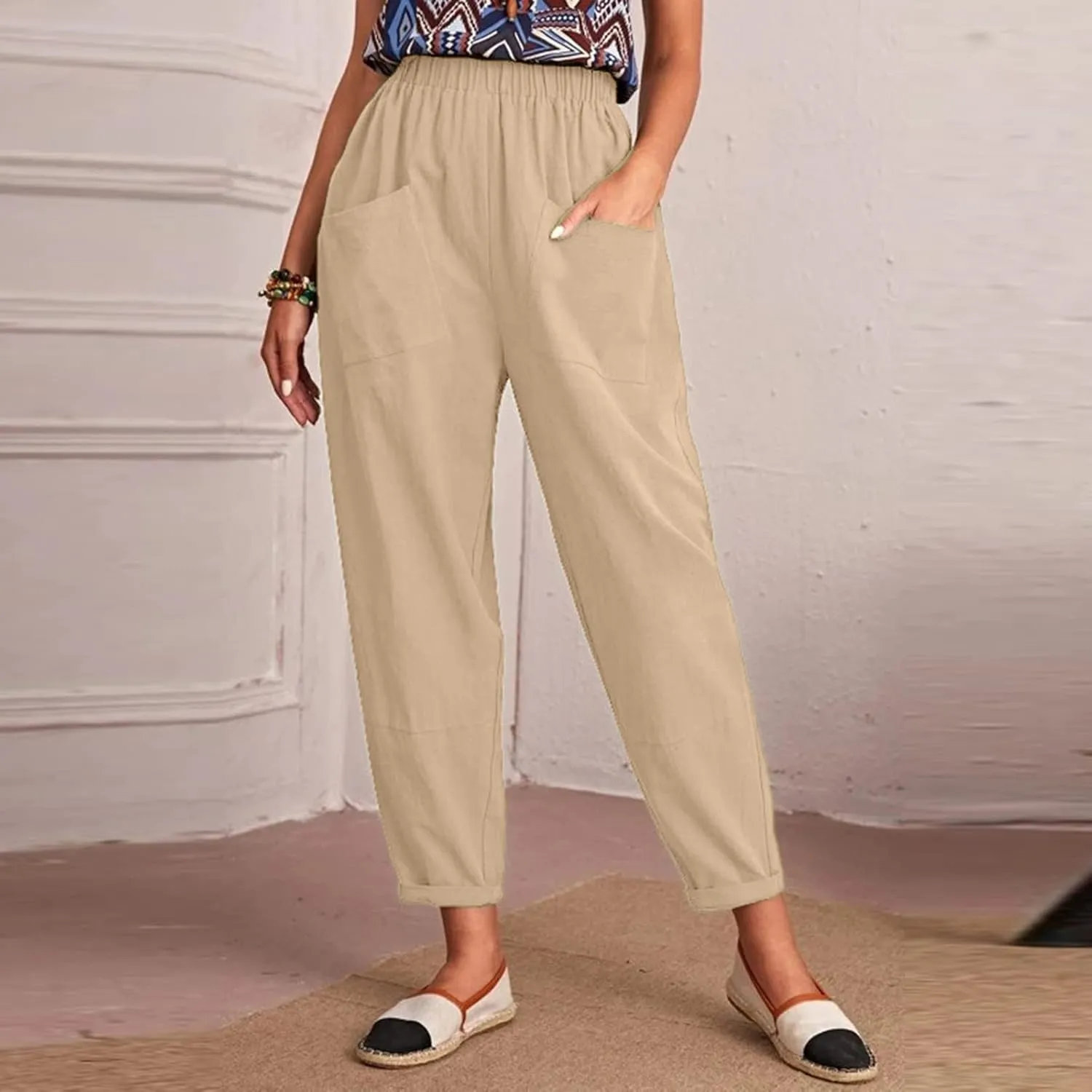 DASAYO Linen Pants for Women Trendy Elastic Wasit Casual Tapered Pants Lightweight Comfy Trousers with Pockets Summer Clothes
