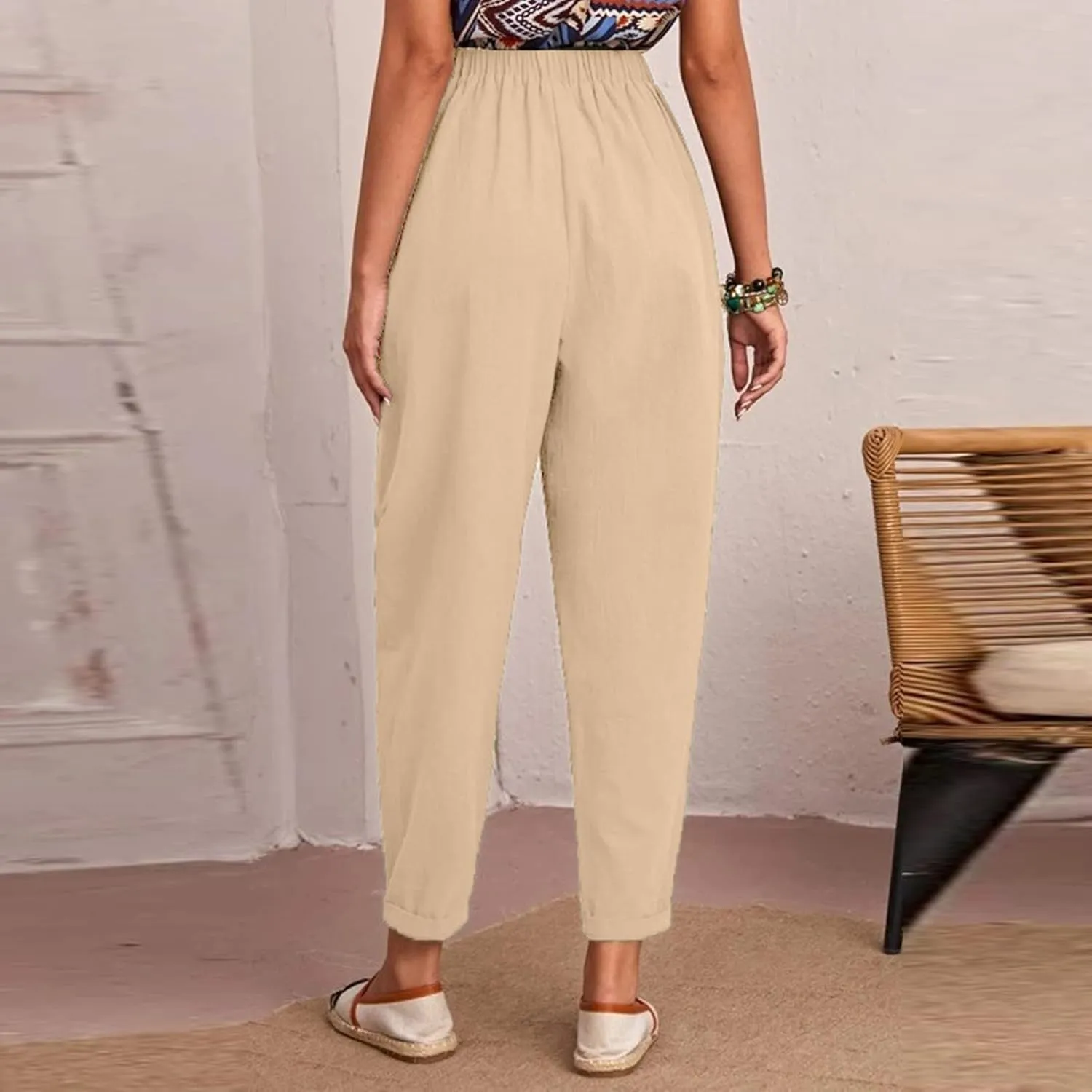DASAYO Linen Pants for Women Trendy Elastic Wasit Casual Tapered Pants Lightweight Comfy Trousers with Pockets Summer Clothes