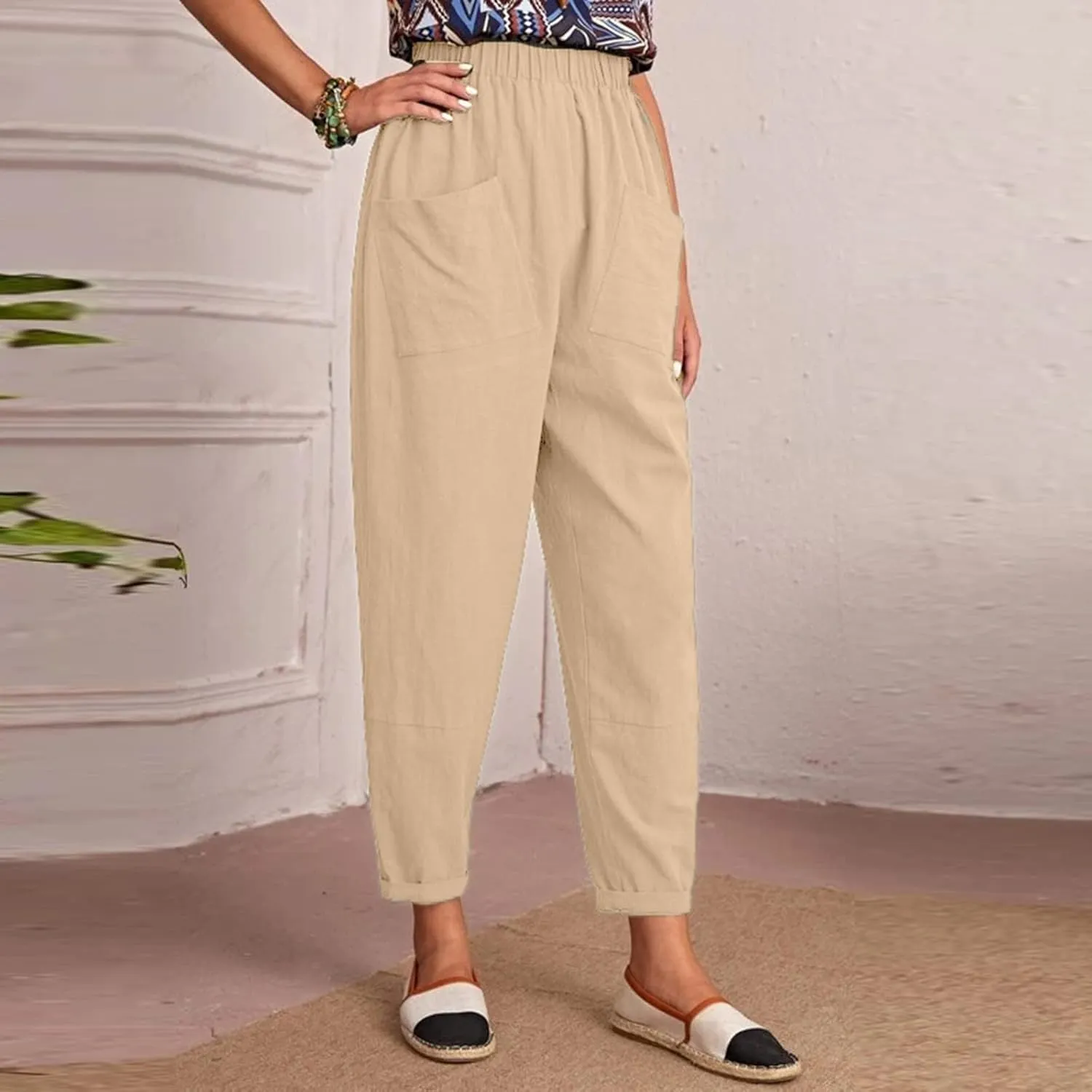 DASAYO Linen Pants for Women Trendy Elastic Wasit Casual Tapered Pants Lightweight Comfy Trousers with Pockets Summer Clothes