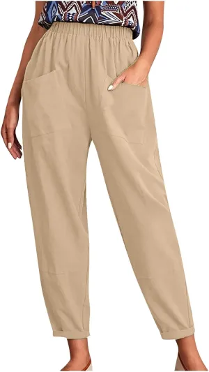 DASAYO Linen Pants for Women Trendy Elastic Wasit Casual Tapered Pants Lightweight Comfy Trousers with Pockets Summer Clothes