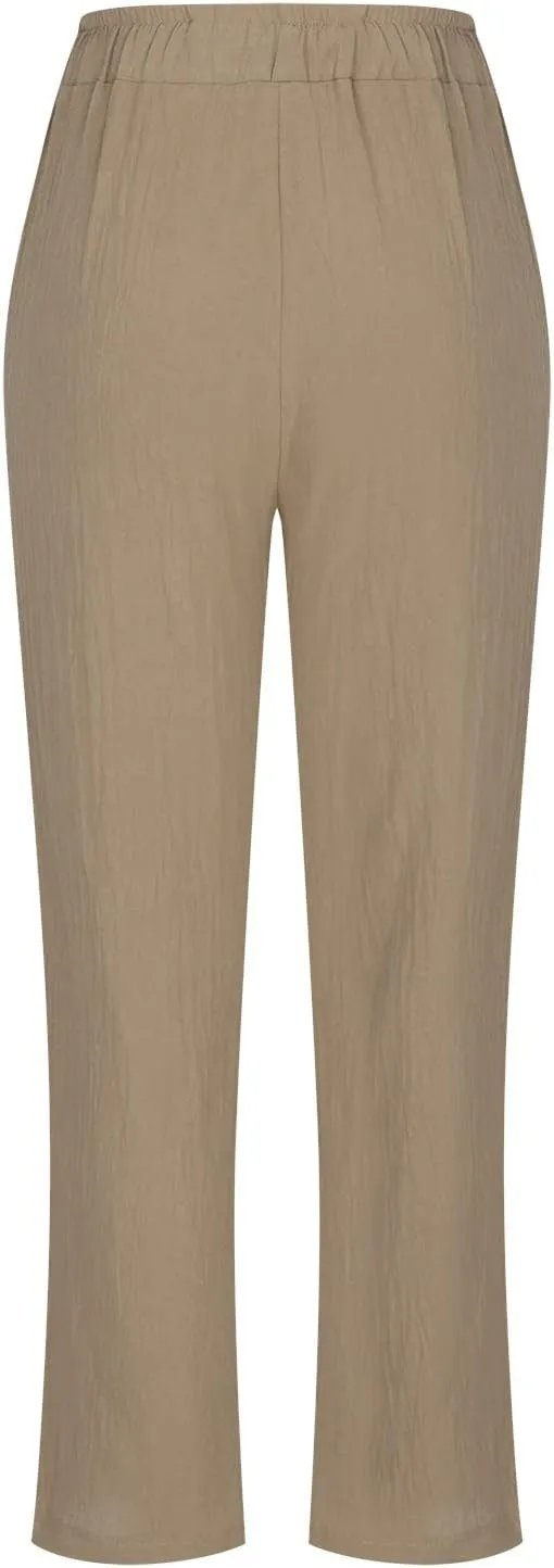 DASAYO Linen Pants Women Pettie Plus Size Drawstring Elastic Waist Straight Leg Trousers Summer Casual Pants with Pockets