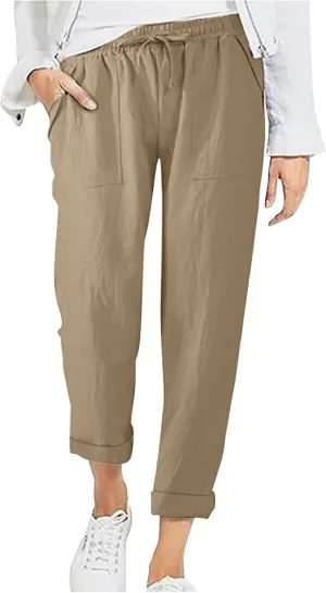 DASAYO Linen Pants Women Pettie Plus Size Drawstring Elastic Waist Straight Leg Trousers Summer Casual Pants with Pockets