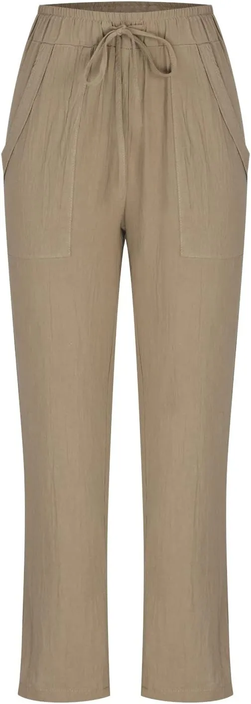 DASAYO Linen Pants Women Pettie Plus Size Drawstring Elastic Waist Straight Leg Trousers Summer Casual Pants with Pockets