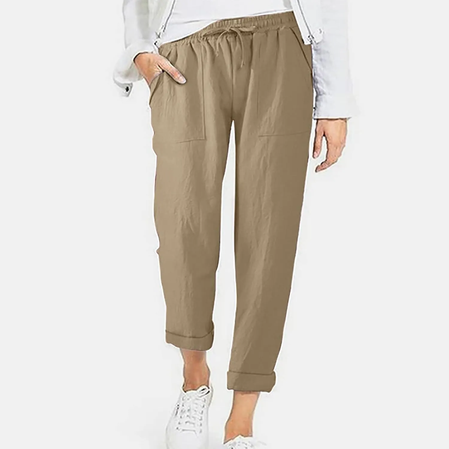 DASAYO Linen Pants Women Pettie Plus Size Drawstring Elastic Waist Straight Leg Trousers Summer Casual Pants with Pockets