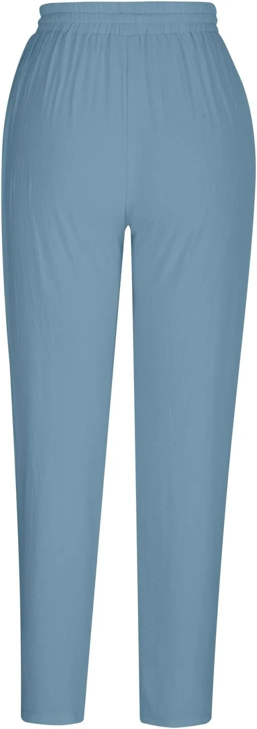 DASAYO Linen Pants Women Summer Drawstring Elastic Waist Ankle Length Tapered Pants with Pockets Comfy Casual Beach Trousers