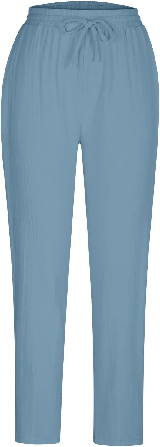 DASAYO Linen Pants Women Summer Drawstring Elastic Waist Ankle Length Tapered Pants with Pockets Comfy Casual Beach Trousers