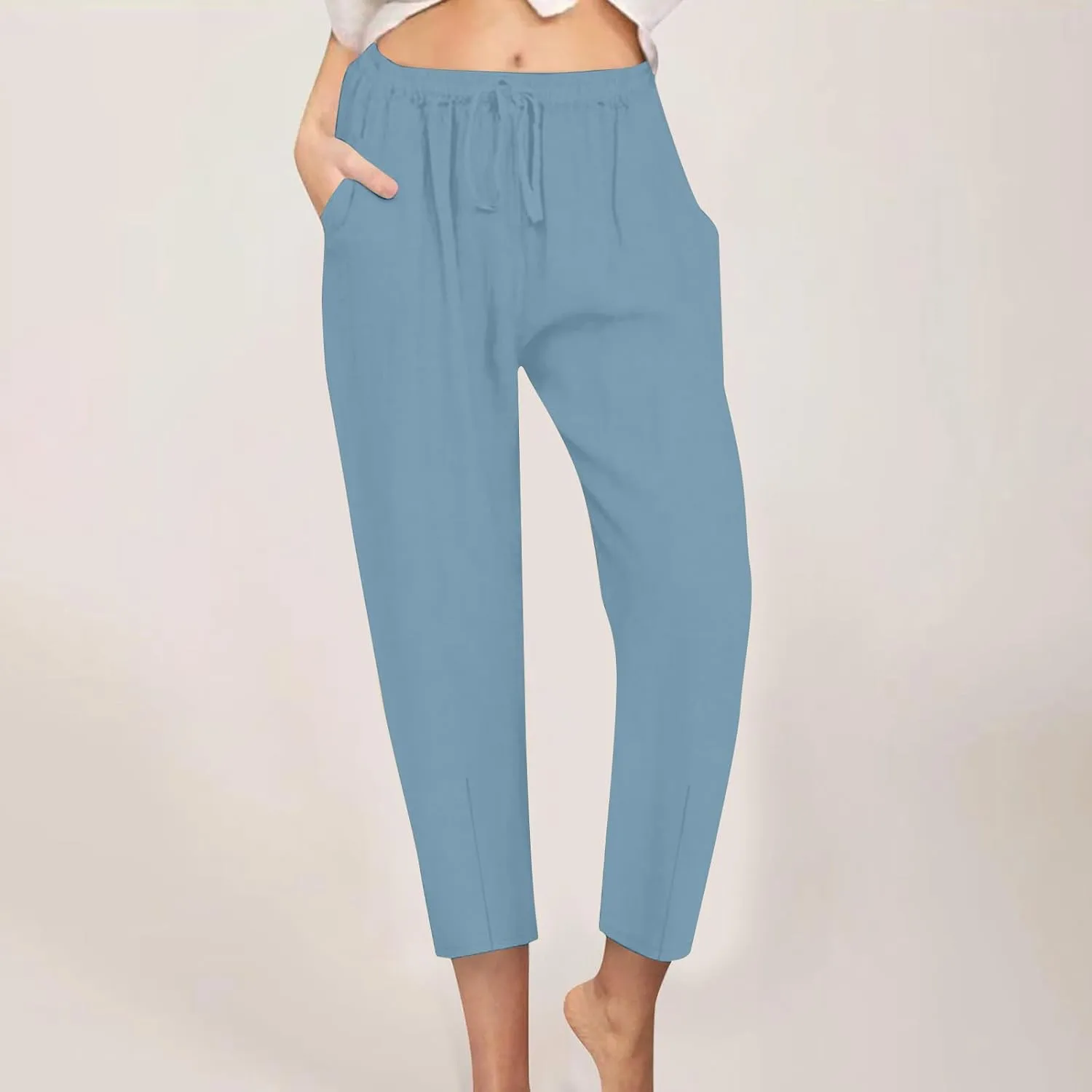 DASAYO Linen Pants Women Summer Drawstring Elastic Waist Ankle Length Tapered Pants with Pockets Comfy Casual Beach Trousers