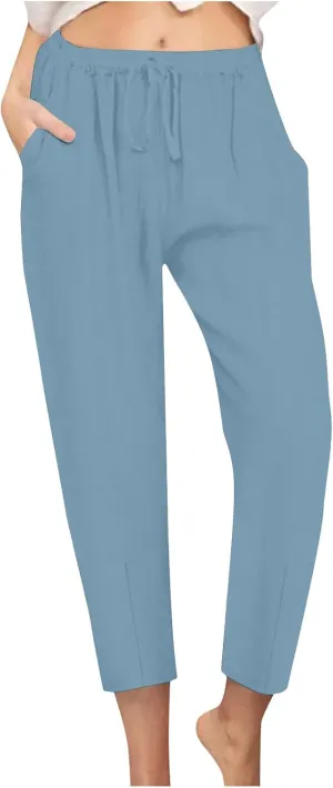 DASAYO Linen Pants Women Summer Drawstring Elastic Waist Ankle Length Tapered Pants with Pockets Comfy Casual Beach Trousers