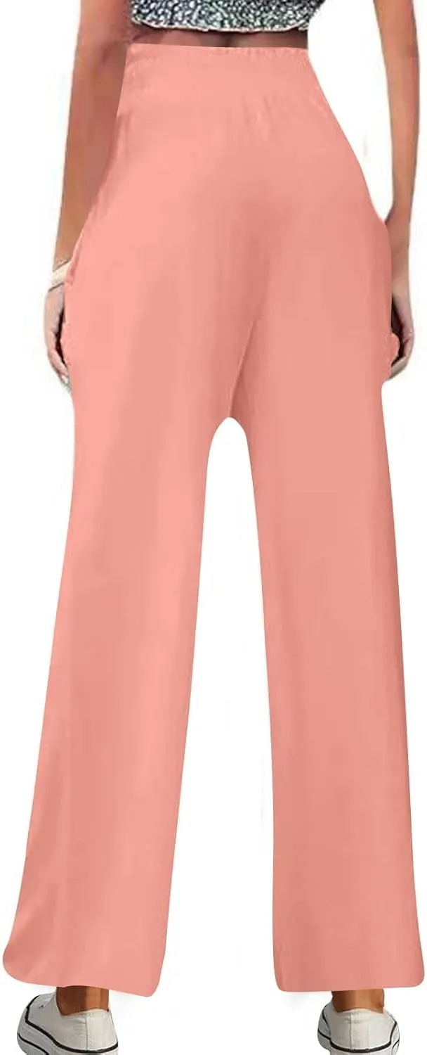 DASAYO Linen Pants Women Trendy Ruffle Elastic High Wasited Palazzo Pants Dressy Casual Summer Beach Trousers with Pockets
