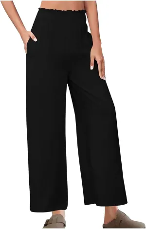 DASAYO Linen Pants Women Trendy Ruffle Elastic High Wasited Palazzo Pants Dressy Casual Summer Beach Trousers with Pockets
