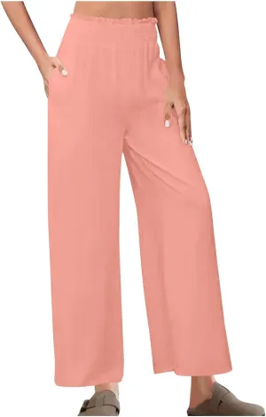 DASAYO Linen Pants Women Trendy Ruffle Elastic High Wasited Palazzo Pants Dressy Casual Summer Beach Trousers with Pockets