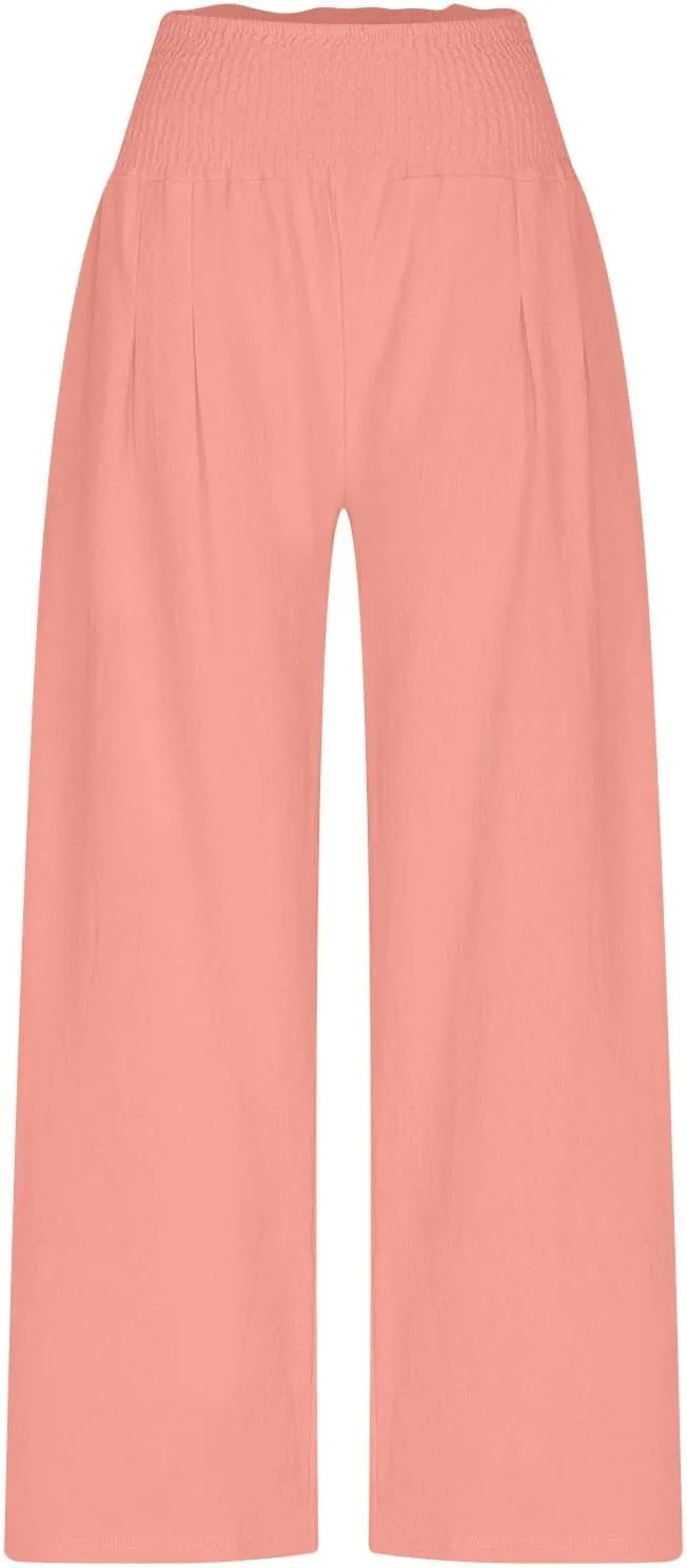 DASAYO Linen Pants Women Trendy Ruffle Elastic High Wasited Palazzo Pants Dressy Casual Summer Beach Trousers with Pockets