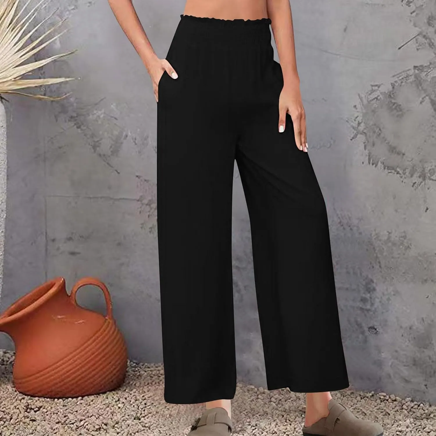 DASAYO Linen Pants Women Trendy Ruffle Elastic High Wasited Palazzo Pants Dressy Casual Summer Beach Trousers with Pockets