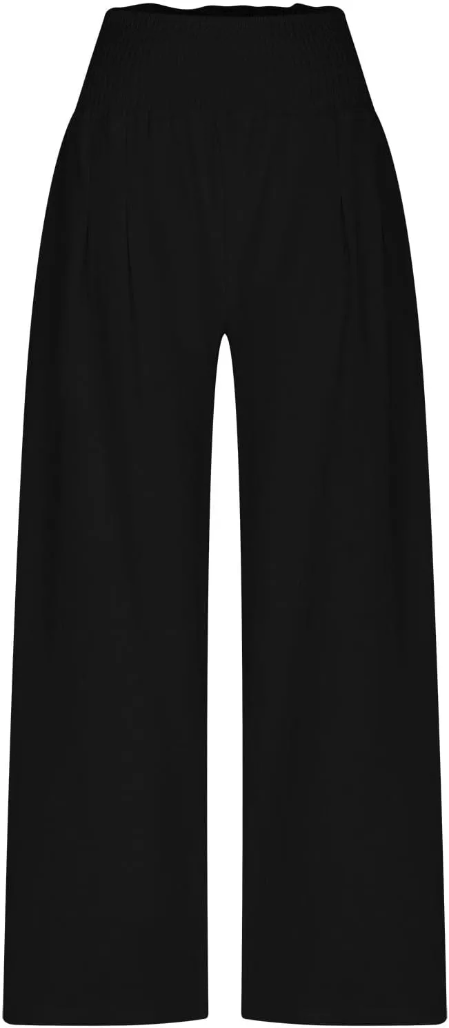 DASAYO Linen Pants Women Trendy Ruffle Elastic High Wasited Palazzo Pants Dressy Casual Summer Beach Trousers with Pockets