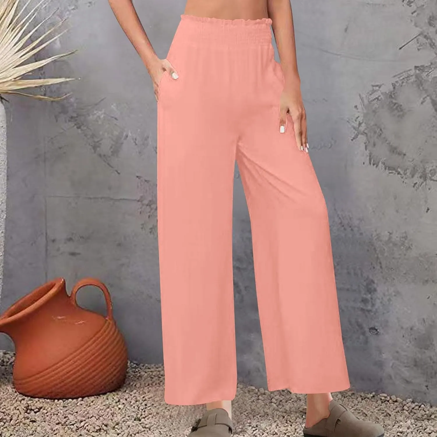 DASAYO Linen Pants Women Trendy Ruffle Elastic High Wasited Palazzo Pants Dressy Casual Summer Beach Trousers with Pockets