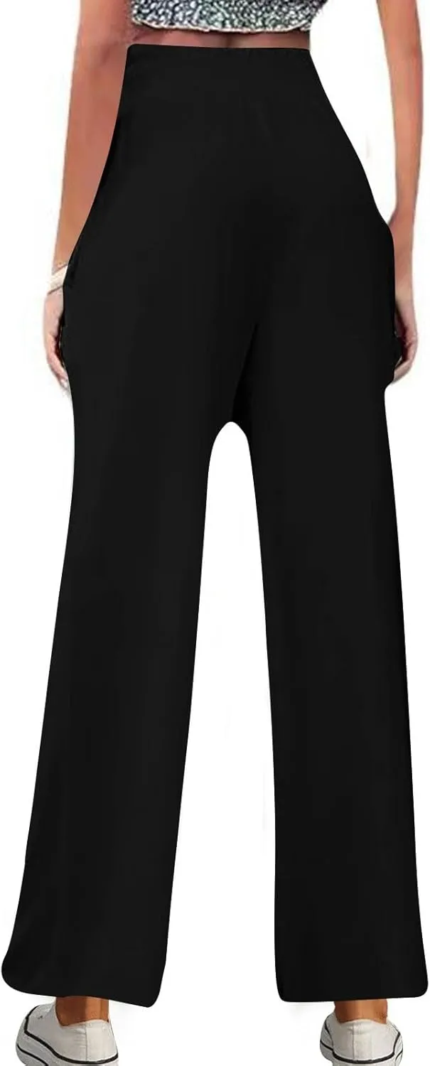 DASAYO Linen Pants Women Trendy Ruffle Elastic High Wasited Palazzo Pants Dressy Casual Summer Beach Trousers with Pockets
