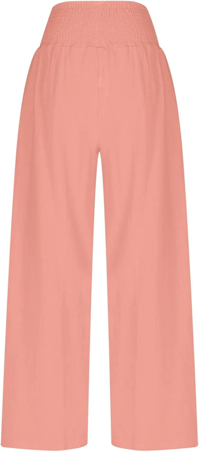 DASAYO Linen Pants Women Trendy Ruffle Elastic High Wasited Palazzo Pants Dressy Casual Summer Beach Trousers with Pockets