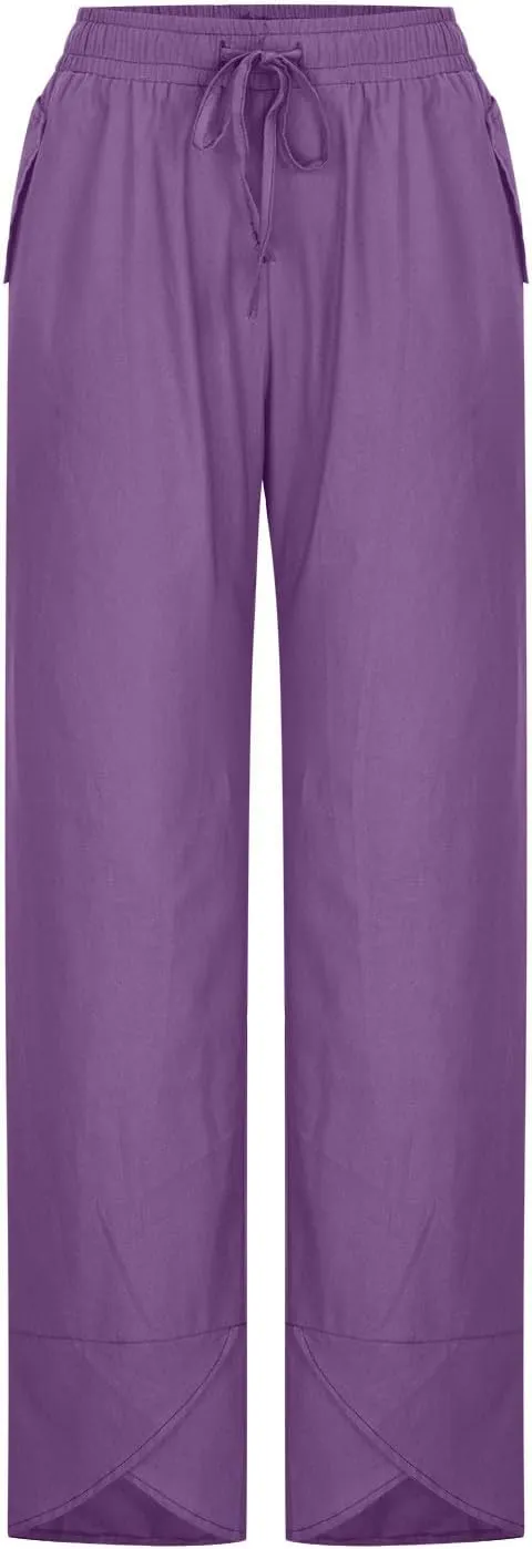 DASAYO Summer Pants for Women Trendy Drawstringg Elastic Wasit Linen Pants Casual Loose Straight Leg Trousers with Pockets