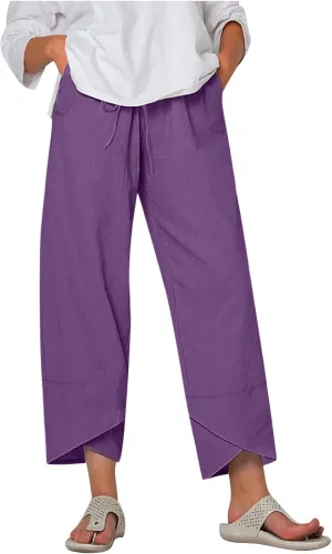 DASAYO Summer Pants for Women Trendy Drawstringg Elastic Wasit Linen Pants Casual Loose Straight Leg Trousers with Pockets