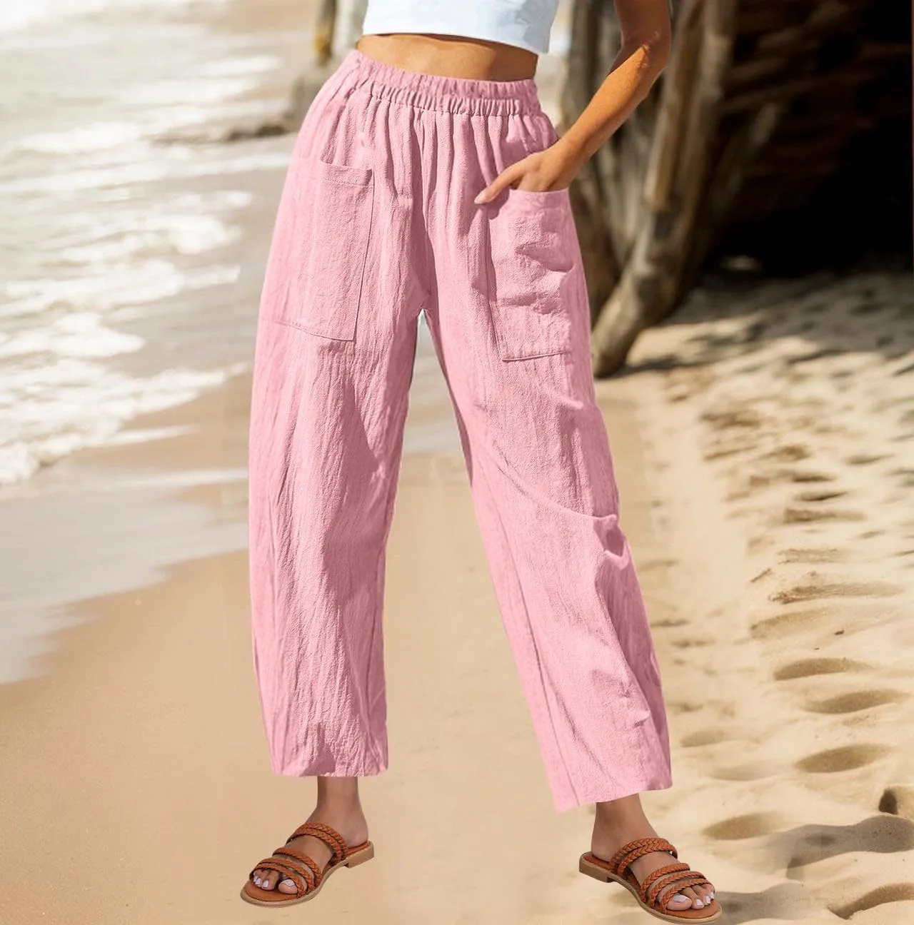 DASAYO Women's Linen Pants Summer Fashion Elastic Wasit Casual Pants with Pockets Ladies Ligghtweight Wide Leg Trousers 2025